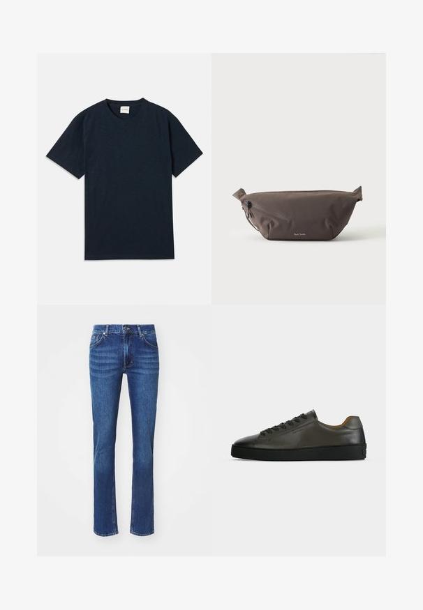Effen donkermarineblauwe t-shirt met korte mouwen en ronde hals, voorzien van een klein reliëflogo nabij de onderzoom.; Donkerblauwe denim jeans met een recht model, voorzien van subtiele vervaging, vijf zakken en een knoopsluiting. Neutrale stiksels als accent.; Donkergrijze leren lage sneaker met zwarte veters en zool, minimalistisch ontwerp, zijaanzicht op een effen lichte achtergrond.; Donkerbruine stoffen heuptas met diagonale ritssluiting en klein wit logo aan de voorkant, tegen een effen lichte achtergrond.