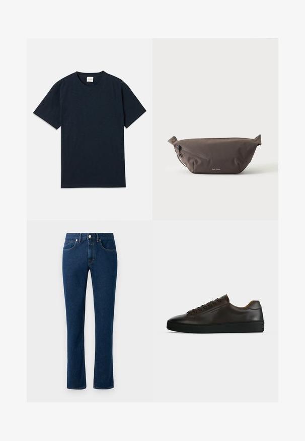 Ensfarvet mørkeblå kortærmet t-shirt med rund hals og lille præget logo nær den nederste kant.; Mørkeblå denimjeans med et slankt lige ben design, klassisk fem-lomme stil og en knaplukning i taljen.; Lavprofil mørkebrune lædersneaker med sort gummisål, snørelukning foran og glat minimalistisk design på lys baggrund.; Mørkebrun stof talje taske med diagonalt lynlåslomme og lille hvidt logo på fronten, sat mod en ensfarvet lys baggrund.