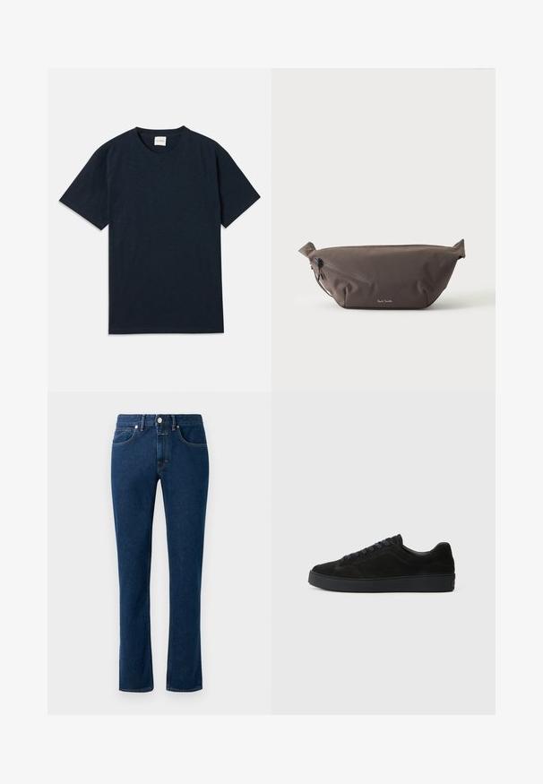 Ensfarvet mørkeblå kortærmet t-shirt med rund hals og lille præget logo nær den nederste kant.; Mørkeblå denimjeans med et slankt lige ben design, klassisk fem-lomme stil og en knaplukning i taljen.; Sort semsket sneakers med en flad, tekstureret sål, rund tå, seks snørrehuller og et minimalistisk design.; Mørkebrun stof talje taske med diagonalt lynlåslomme og lille hvidt logo på fronten, sat mod en ensfarvet lys baggrund.