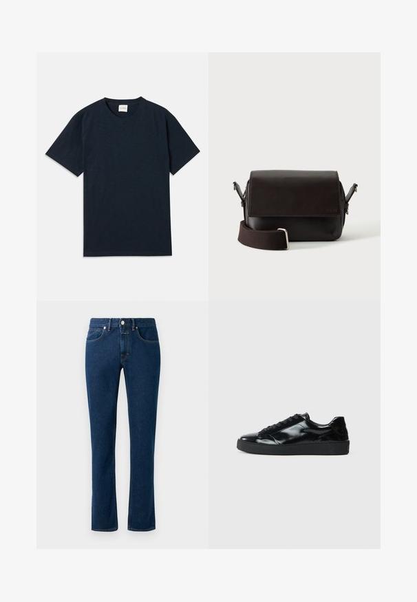 Ensfarvet mørkeblå kortærmet t-shirt med rund hals og lille præget logo nær den nederste kant.; Mørkeblå denimjeans med et slankt lige ben design, klassisk fem-lomme stil og en knaplukning i taljen.; Sorte laklæder sneakers med rund tå, snørredesign, tekstureret gummisål og en glat overflade.; Mørkebrun lædertaske med flaplukning og justerbar stofrem på hvid baggrund.