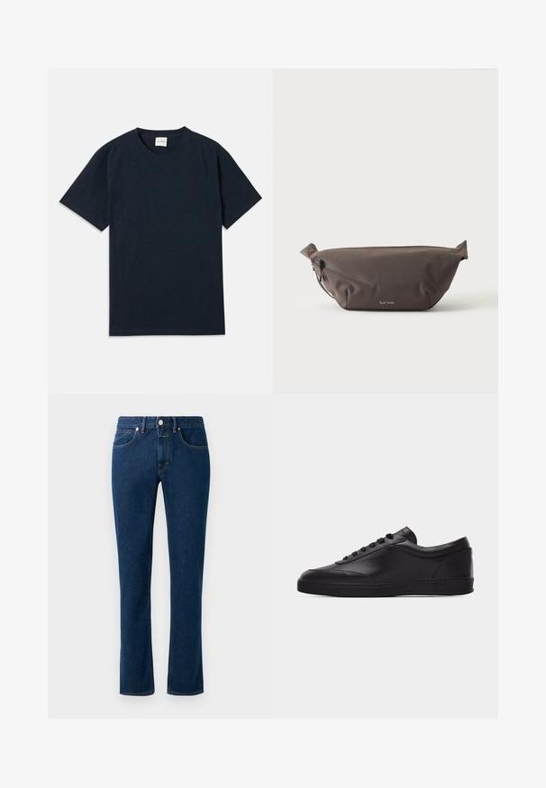 Ein einfarbiges, dunkelblaues Kurzarm-T-Shirt mit Rundhalsausschnitt und kleinem eingeprägtem Logo nahe dem unteren Saum.; Dunkelblaue Denim-Jeans mit einem schlanken, geraden Bein, klassischem Fünf-Taschen-Design und einem Knopfverschluss am Bund.; Schwarzer flacher Leder-Sneaker mit Schnürung vorne und flacher Gummisohle, seitlich auf einem schlichten weißen Hintergrund gezeigt.; Dunkelbraune Stoff-Gürteltasche mit diagonalem Reißverschlussfach und kleinem weißen Logo vorne, vor einem einfarbigen hellen Hintergrund.