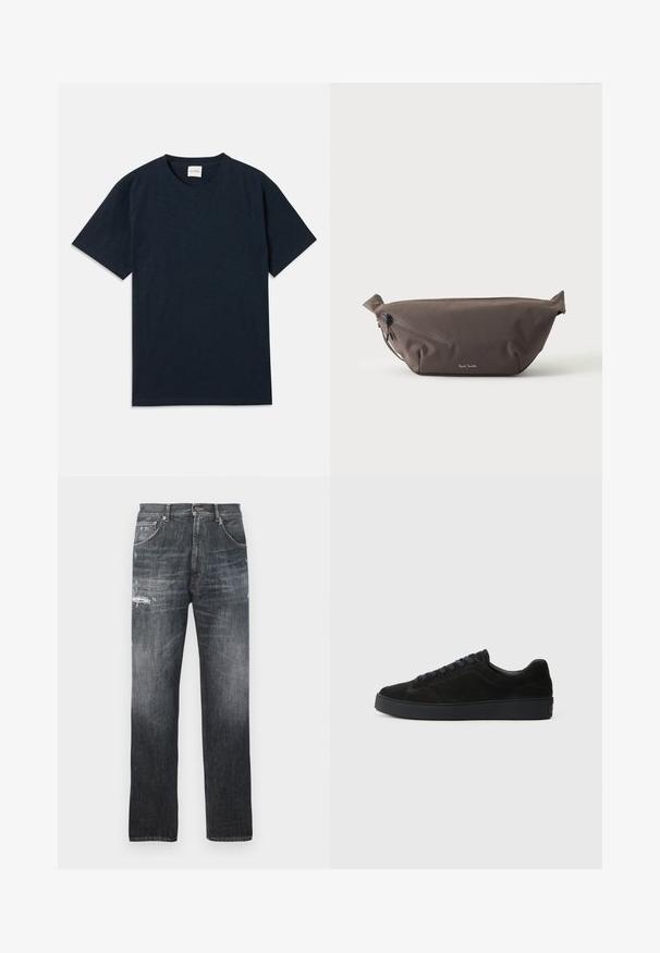 Ensfarvet mørkeblå kortærmet t-shirt med rund hals og lille præget logo nær den nederste kant.; Mørkegrå faded denim jeans med let slid på de øverste lår og klassisk femlomme design.; Sort semsket sneakers med en flad, tekstureret sål, rund tå, seks snørrehuller og et minimalistisk design.; Mørkebrun stof talje taske med diagonalt lynlåslomme og lille hvidt logo på fronten, sat mod en ensfarvet lys baggrund.