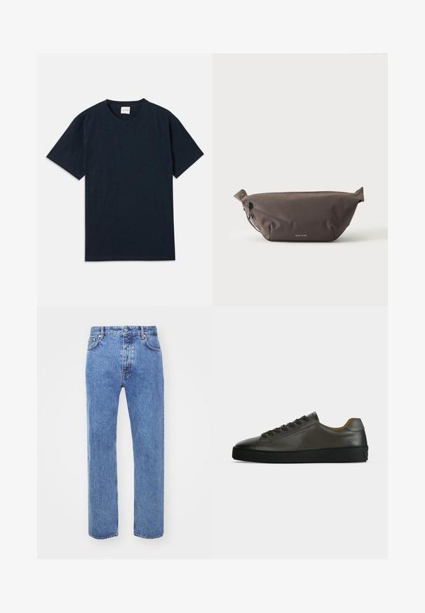 Ein einfarbiges, dunkelblaues Kurzarm-T-Shirt mit Rundhalsausschnitt und kleinem eingeprägtem Logo nahe dem unteren Saum.; Won Hundred STEVE - Jeans Relaxed Fit - cut blue; Niedriger dunkelgrauer Ledersneaker mit schwarzen Schnürsenkeln und Sohle, minimalistisches Design, Seitenprofil vor einem schlichten hellen Hintergrund.; Dunkelbraune Stoff-Gürteltasche mit diagonalem Reißverschlussfach und kleinem weißen Logo vorne, vor einem einfarbigen hellen Hintergrund.