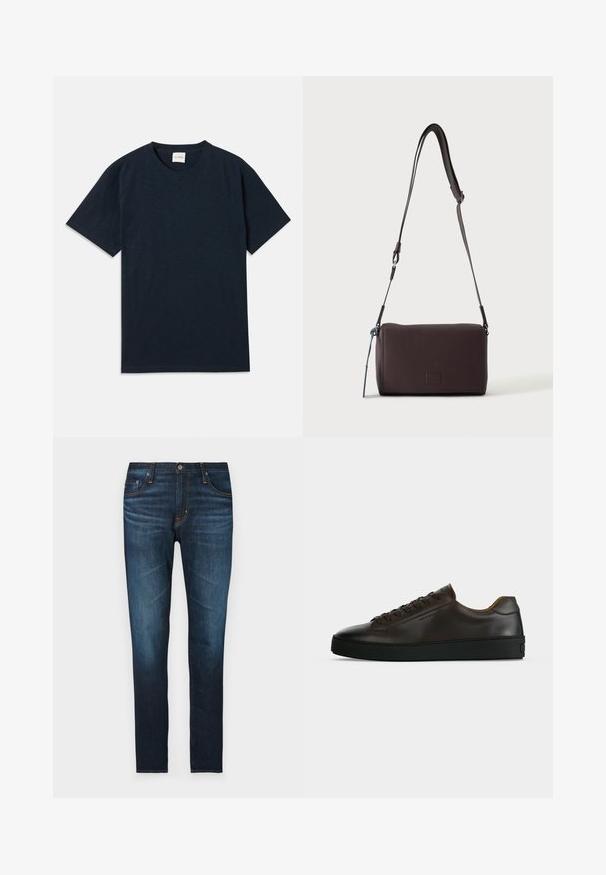 Ensfarvet mørkeblå kortærmet t-shirt med rund hals og lille præget logo nær den nederste kant.; Mørkeblå denim jeans med lige pasform, der har fem lommer, orange syninger og en glat overflade.; Lavprofil mørkebrune lædersneaker med sort gummisål, snørelukning foran og glat minimalistisk design på lys baggrund.; Mørkebrun textured læder crossbody taske med justerbar rem og lille dekorativ blå accent på siden.