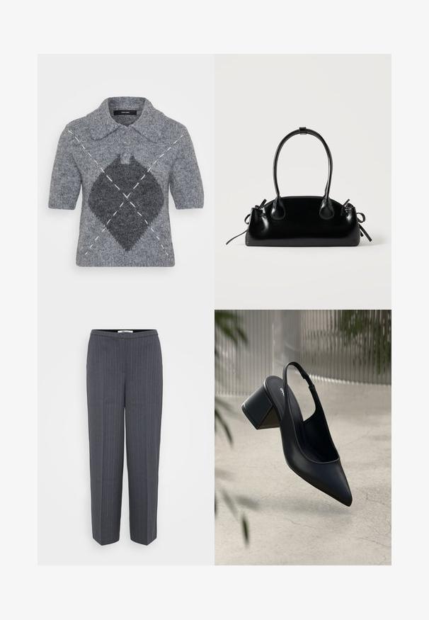 Pull polo à manches courtes en laine grise, avec un motif en losanges gris foncé et des accents de couture blancs. Col classique avec des boutons.; Pantalons sur mesure rayés gris foncé à jambes droites et taille haute, présentés sur un fond clair uni.; Escarpin noir en cuir avec un bout pointu et un talon bloc. Texture lisse, design minimaliste et bride de cheville réglable.; Petit sac à main noir brillant avec deux longues anses et des détails à cordon sur les côtés sur un fond clair uni.