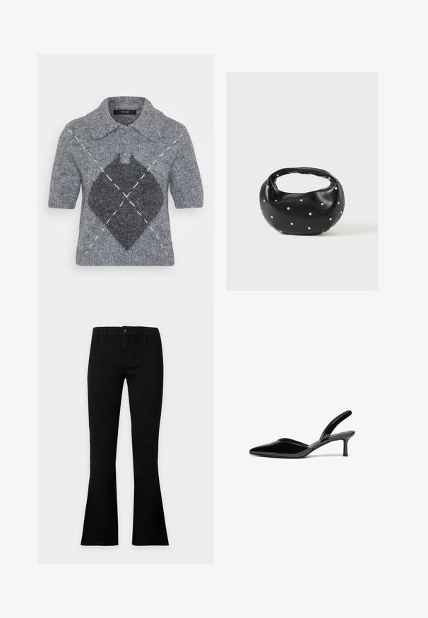 Pull polo à manches courtes en laine grise, avec un motif en losanges gris foncé et des accents de couture blancs. Col classique avec des boutons.; Pantalon évasé noir pour femmes avec poches avant, passants de ceinture et taille boutonnée, présenté sur un fond clair uni.; Escarpins à talon aiguille en cuir verni noir, avec un bout pointu, un talon aiguille bas et un design élégant et simple sans embellissements.; Sac à main en cuir noir de forme arrondie, décoré de clous argentés et équipé d'une poignée courte. Texture lisse et fermeture éclair.