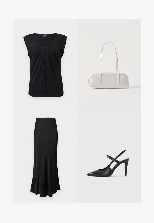 Haut noir sans manches avec un décolleté en scoop et des plissés à l'avant. Fait en tissu lisse avec une coupe décontractée et un ourlet arrondi en bas.; Jupe maxi en satin noir avec une texture lisse, cintrée à la taille, s'évasant doucement vers l'ourlet avec un design simple et épuré.; Escarpins slingback en cuir noir avec bout pointu, design ajouré et bride ajustable ornée de ferrures métalliques.; Sac d'épaule rectangulaire blanc avec des bretelles longues et fines, couture minimale, et fermeture éclair sur un fond uni.