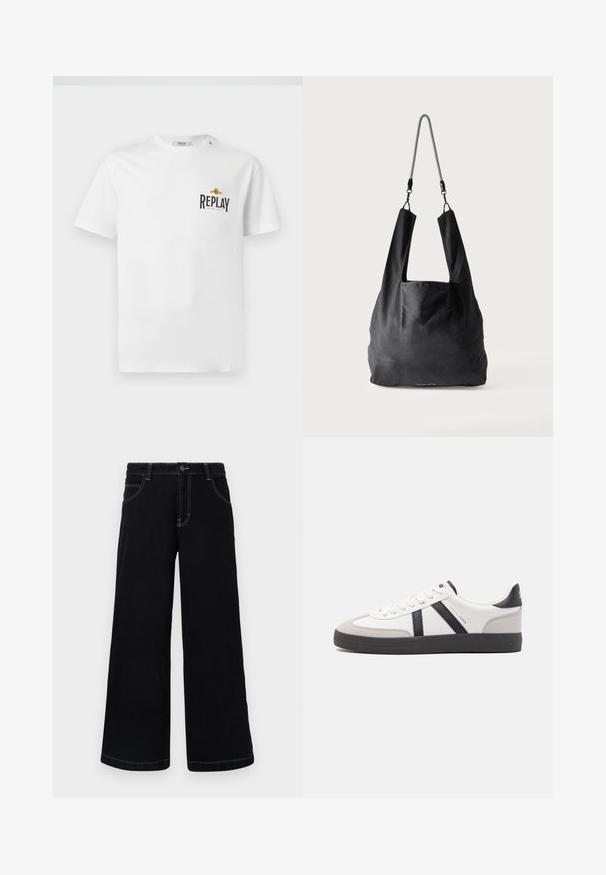 Witte katoenen t-shirt met korte mouwen, voorzien van een zwart en gouden "REPLAY GRAND HOTEL" logo op de linkerkant van de borst. Eenvoudig ontwerp, normale pasvorm.; Zwarte wijde spijkerbroek met knoopsluiting, vijf zakken en contrasterende witte stiksels langs de naden.; Witte sneaker met zwarte en grijze accenten, voorzien van een grijze neus met textuur, zwarte rubberen zool en platte witte veters. Schoon ontwerp, minimalistische stijl.; Zwart zachte stoffen draagtas met brede handvatten en een dunne zwart-witte gevlochten schouderriem.