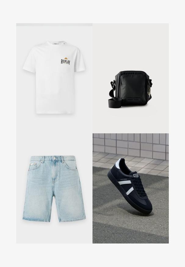 Weißes Baumwoll-T-Shirt mit kurzen Ärmeln, das auf der linken Brust ein schwarzes und goldenes "REPLAY GRAND HOTEL"-Logo zeigt. Einfaches Design, normale Passform.; Hellblaue Denim-Shorts mit lockerer Passform, ausgestattet mit vorderen Taschen, einem Knopfverschluss und minimaler Ausbleichung.; Schwarze Leder-Sneaker mit weißen Streifen, strukturiertem Gummisohle und Schnürung. Verfügt über ein Markenetikett auf der Zunge.; Schwarze kompakte Umhängetasche mit vorderer Reißverschlusstasche, verstellbarem Riemen und strukturiertem Stoff vor einfarbigem Hintergrund.