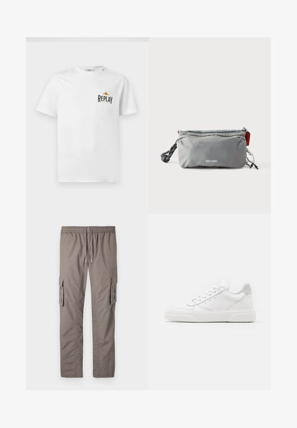 Weißes Baumwoll-T-Shirt mit kurzen Ärmeln, das auf der linken Brust ein schwarzes und goldenes "REPLAY GRAND HOTEL"-Logo zeigt. Einfaches Design, normale Passform.; Graue Cargohosen mit einem elastischen Bund und Kordelzug, zwei seitlichen Cargotaschen und einem glatten, leichten Stoff.; Weiße Leder-Sneaker mit glatter Oberfläche, rundem Zehenbereich, flachen Schnürsenkeln und strukturiertem Schuhsohlen. Graues Wildleder-Detail an der Ferse.; Graue rechteckige Tasche mit Reißverschlüssen, schwarz-weißem Griff aus Seil an einer Seite und dem Schriftzug "ONLY & SONS" vorne in der Mitte.