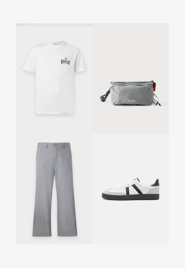 Weißes Baumwoll-T-Shirt mit kurzen Ärmeln, das auf der linken Brust ein schwarzes und goldenes "REPLAY GRAND HOTEL"-Logo zeigt. Einfaches Design, normale Passform.; Graue weite Hosen aus weichem Stoff, mit einem vorderen Knopfverschluss, Gürtelschlaufen und einem schlichten Design ohne sichtbare Muster oder Akzente.; Weiße Sneaker mit schwarz- und grau-aczenten, ausgestattet mit einer strukturierten grauen Zehenkappe, schwarzer Gummi-Sohle und flachen weißen Schnürsenkeln. Sauberes Design, minimalistische Stil.; Graue rechteckige Tasche mit Reißverschlüssen, schwarz-weißem Griff aus Seil an einer Seite und dem Schriftzug "ONLY & SONS" vorne in der Mitte.