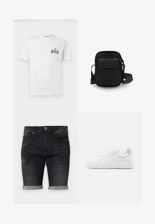 Witte katoenen t-shirt met korte mouwen, voorzien van een zwart en gouden "REPLAY GRAND HOTEL" logo op de linkerkant van de borst. Eenvoudig ontwerp, normale pasvorm.; Zwarte denim shorts met een aansluitend ontwerp, opgerolde manchetten en een klassieke tailleband met een knoopsluiting aan de voorkant en zijzakken.; Witte leren sneakers met een gladde afwerking, ronde neus, platte veters en een gestructureerde zool. Grijze suède accent bij de hiel.; Zwarte schoudertas met een flap van getextureerd leer, rechthoekige vorm, verstelbare band, ritssluiting en een gladde stoffen afwerking.