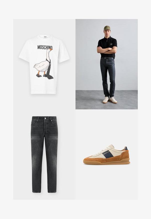 Λευκό βαμβακερό T-shirt με μια καρτούν πάπια που φοράει γραβάτα πουά και μαύρα παπούτσια. Πάνω από την εικονογράφηση είναι τυπωμένο το "MOSCHINO".; Μαύρα ξεβαμμένα τζιν με ίσια γραμμή, μπροστινό κούμπωμα με κουμπί και φερμουάρ, θηλιές για ζώνη, και εμπρόσθιες και οπίσθιες τσέπες σε απλό φωτεινό φόντο.; PS Paul Smith DOVER - Αθλητικά παπούτσια - cognac/off-white; Μαύρο πόλο μπλουζάκι με χρυσό λογότυπο, σκούρες τζιν παντελόνες και ανοιχτά παπούτσια. Ελαιοπράσινο καπέλο με λογότυπο. Το μοντέλο στέκεται με τα χέρια σταυρωμένα μπροστά από μια υφασμάτινη υφή.