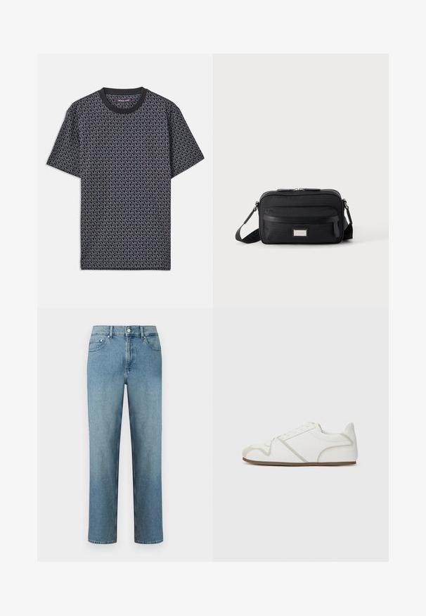 T-shirt noir à manches courtes avec un motif géométrique « MK » en all-over, col rond côtelé et un tissu doux et texturé.; Jean en denim bleu clair à coupe droite, avec cinq poches et une fermeture par bouton à la taille. Détails de couture le long des coutures.; Baskets blanches avec une tige en tissu lisse, des accents beige, un bout arrondi et une semelle en caoutchouc. Présente un design à lacets et des coutures sur les côtés.; Sac bandoulière rectangulaire noir avec poche avant zippée, sangle réglable et plaque logo rectangulaire argentée sur fond uni.