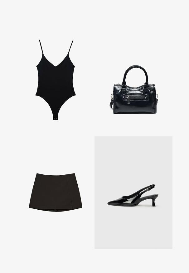 Maillot de bain noir une pièce avec décolleté en V, fines bretelles et design sans coutures. Comprend un dos nu et une fermeture à pression en bas. Texture lisse.; Mini-jupe noire en tissu lisse, avec une coupe droite, des fentes latérales et un ourlet net. Simple et polyvalente.; Escarpins en cuir verni noir avec un bout pointu et un petit talon carré. Sangle réglable à la cheville avec boucle.; Sac à main en cuir noir brillant avec deux poignées, poche avant zippée et bandoulière amovible sur fond blanc.