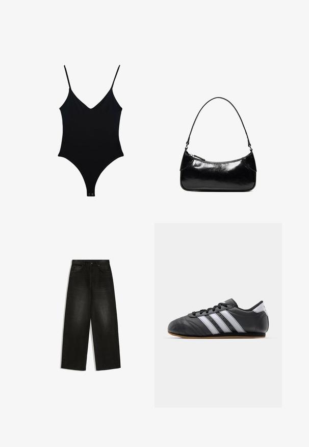 Maillot de bain noir une pièce avec décolleté en V, fines bretelles et design sans coutures. Comprend un dos nu et une fermeture à pression en bas. Texture lisse.; Jean noir taille haute à jambes larges avec poches avant, passants de ceinture et fermeture par bouton, présenté à plat sur fond blanc.; Baskets de sport en cuir noir avec des rayures blanches, bout rond, semelle plate et fermeture à lacets. Comprend des perforations pour la respirabilité.; Sac à épaule en cuir noir brillant avec un seul compartiment zippé et une fine bandoulière arquée.
