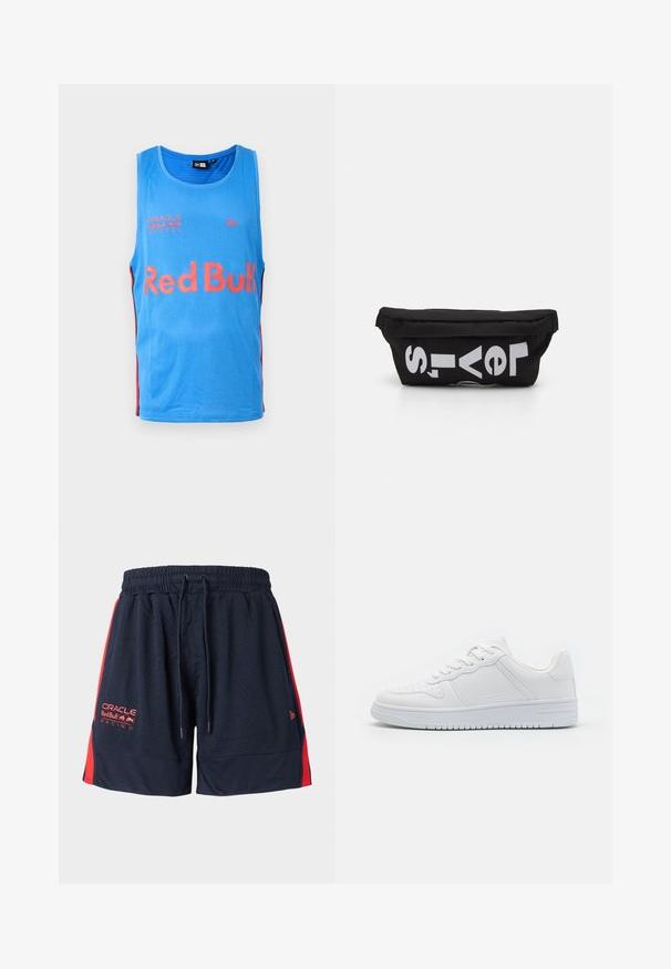 Camiseta sin mangas de malla azul claro con acentos laterales rojos. Presenta el logo de "Red Bull" y el texto "Oracle Red Bull Racing" impresos en la parte frontal.; Pantalones cortos de malla azul marino con paneles laterales rojos. Cuenta con una cinturilla elástica y cordón. Incluye bordado del logo en el muslo izquierdo.; Zapatillas blancas hechas de material sintético liso, con cordones planos, puntera perforada y suela de goma con un patrón de agarre texturizado.; Bolsa de tela negra con forma plana, que presenta texto blanco en negrita. El cierre de cremallera se encuentra en la parte superior, con un detalle de asa en un lado.