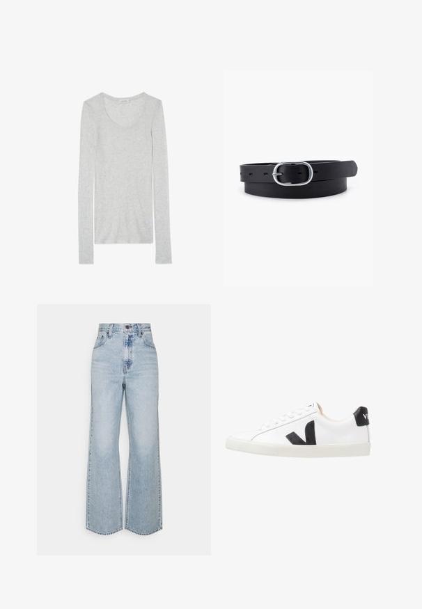 Langdkeurig lichtgrijze T-shirt van een zachte stof met een ronde hals en slim fit. Heeft een minimale textuur en zonder patronen.; Lichtblauwe denim broek met wijde pijpen, hoge taille, klassiek vijfzakkenontwerp en contrasterende stiksels. Rauwe zoom aan de onderkant.; Witte sneaker met een zwart V-logo, voorzien van een gladleren bovenwerk, ronde neus, vetersluiting en een contrasterende zwarte hieltab.; Zwarte leren riem met een gladde textuur, ovaal zilveren metalen gespsluiting en meerdere verstelgaten langs de band. Platte, minimalistische uitstraling.
