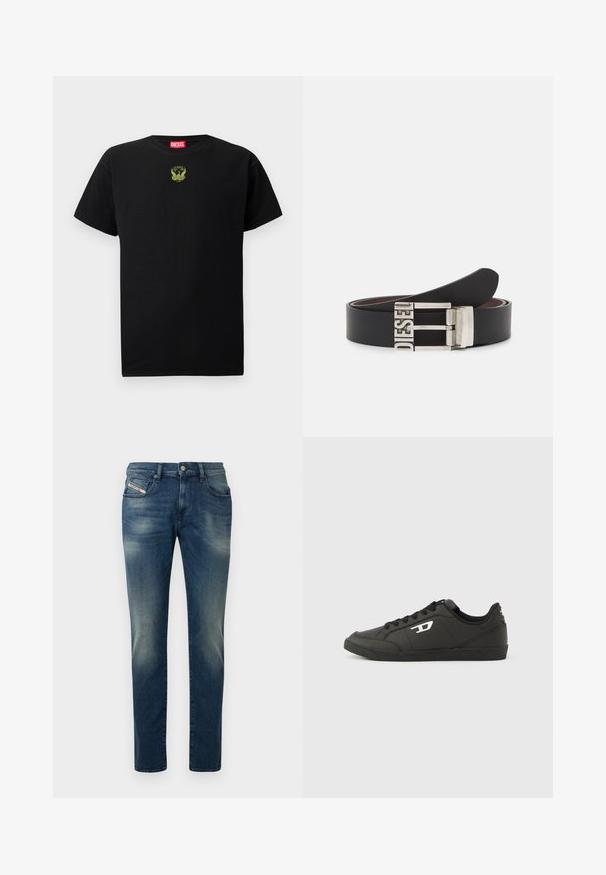 Camiseta de algodón negra de manga corta, con un pequeño logotipo bordado verde en el pecho y un cuello redondo.; Vaqueros de mezclilla azul oscuro con lavado desgastado, diseño de pierna recta y una rodilla ligeramente desgastada. Cuenta con bolsillos delanteros y cierre con botón de metal.; Zapatillas deportivas negras sintéticas con suela negra texturizada, puntera redonda y cordones planos negros. Destaca un logo blanco en el lateral exterior.; Cinturón de cuero negro con una hebilla de metal plateada que presenta el texto embossado "DIESEL". El diseño es elegante con una textura suave.