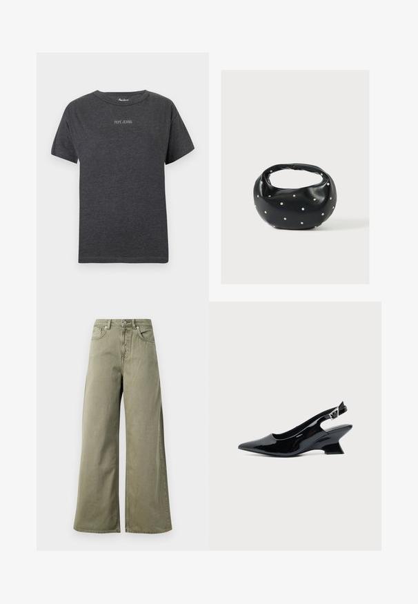 Mørkegrå kortærmet t-shirt med "PEPE JEANS" tekst i små hvide bogstaver centreret på brystet og rund halsudskæring.; Højtaljede, olivengrønne vide jeans med frontknap, lynlås og fem lomme-design på en hvid baggrund.; Sort laklæder slingback sko med spids tå og lav vinklet blokhæl på ensartet lys baggrund.; Sort læderhåndtaske med en rundet form, dekoreret med sølvnitter, og et kort håndtag. Glat tekstur og lynlåslukning.