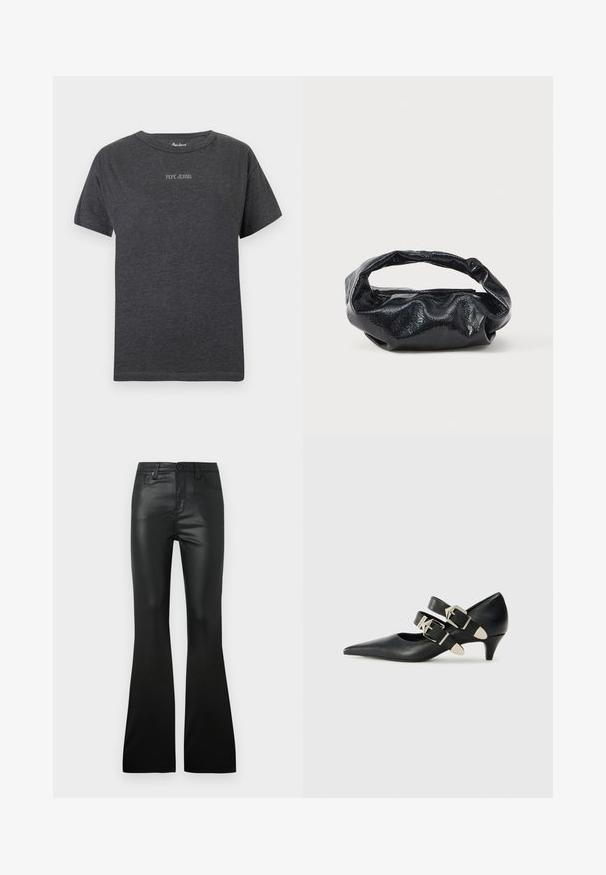 Camiseta de manga corta de color gris oscuro con el texto "PEPE JEANS" en letras blancas pequeñas centradas en el pecho y cuello redondo.; Pantalones acampanados negros hechos de un material suave y brillante. Cuenta con bolsillos frontales y un cierre de botón. Corte ajustado en la cintura y las caderas.; Replay CECILE DOUBLE - Tacones - black; Bolso negro hecho de un material brillante y texturizado con un asa circular retorcida y un cierre de cremallera. Presenta un diseño suave y arrugado.