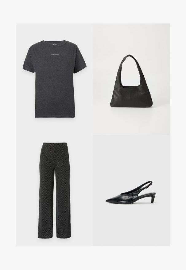 Camiseta de manga corta de color gris oscuro con el texto "PEPE JEANS" en letras blancas pequeñas centradas en el pecho y cuello redondo.; Pantalones de pierna ancha en punto negro texturizado con un patrón sutil. Cuentan con una cinturilla elástica y una tela suave y transpirable para mayor comodidad.; Tacón de piel negra tipo slingback con punta afilada, tacón bajo tipo kitten y correa ajustable con hebilla. Textura suave con un detalle mínimo.; Bolso de cuero negro con forma triangular, un gran asa recortada y costuras detalladas a lo largo de los bordes. Textura suave.