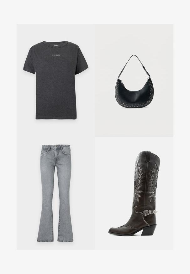 Mørkegrå kortærmet t-shirt med "PEPE JEANS" tekst i små hvide bogstaver centreret på brystet og rund halsudskæring.; Lystgrå, flagrende jeans lavet af denim. Har en høj talje, fem-lomme design og en falmet vask med syninger ved sømmene.; Sort læder cowboystøvle med dekorative udskæringer, sølvspænde og skrå hæl, vist på hvid baggrund.; Sort skuldertaske i læder med halvmåneform, sølvnitter langs kanterne og en justerbar rem på en hvid baggrund.