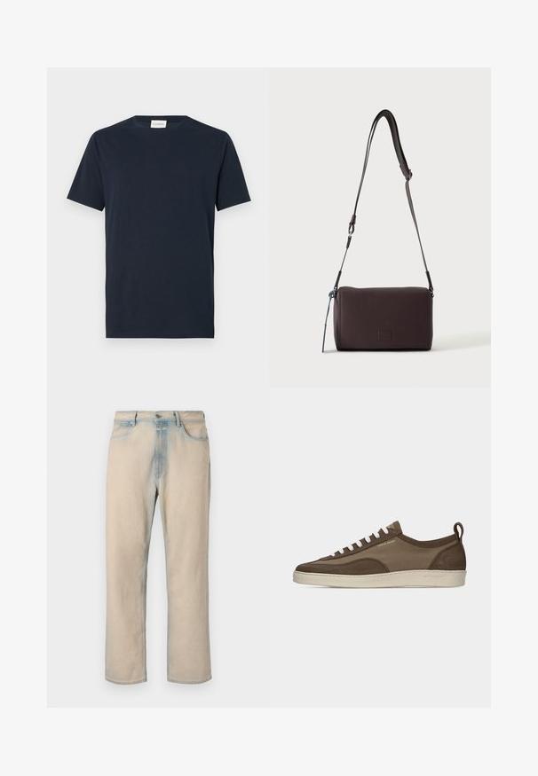 Navyblaue T-Shirt mit kurzen Ärmeln aus weicher Baumwolle. Verfügt über einen Rundhalsausschnitt und ein einfaches, klares Design ohne Muster oder Akzente.; Helle beige Jeans aus Denim mit geradem Bein, verblassten blauen Akzenten, fünf Taschen und einem Knopfverschluss an der Taille.; Flacher brauner Sneaker mit weißen Schnürsenkeln, beiger Sohle, Obermaterial aus Stoff und Wildleder, seitlicher Zuglasche und "Tiger of Sweden"-Logo in goldener Schrift.; Dunkelbraune, strukturierte Leder-Crossbody-Tasche mit verstellbarem Riemen und kleinem dekorativen blauen Akzent an der Seite.