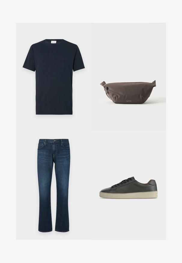 Navy blauwe T-shirt met korte mouwen van zacht katoen. Heeft een rond decolleté en een eenvoudig, strak ontwerp zonder patronen of accenten.; Donkerblauwe denim jeans met een rechte pijp, vijf zakken en een metalen knoopsluiting. Glad materiaal met subtiele vervaging.; Zwarte lage leren sneaker met zwarte veters en off-white rubberen zool, gezien vanaf de buitenkant op een witte achtergrond.; Donkerbruine stoffen heuptas met diagonale ritssluiting en klein wit logo aan de voorkant, tegen een effen lichte achtergrond.