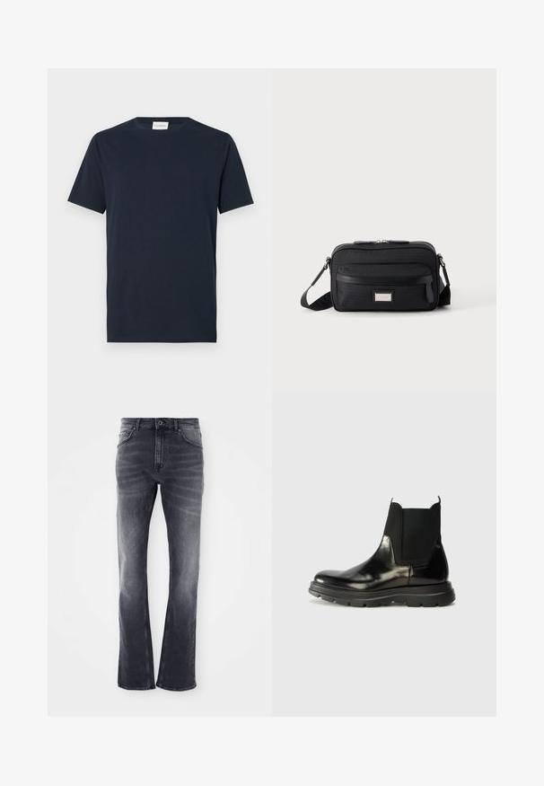 Navy blauwe T-shirt met korte mouwen van zacht katoen. Heeft een rond decolleté en een eenvoudig, strak ontwerp zonder patronen of accenten.; Grijze spijkerbroek met een flared leg ontwerp, met een licht vervaagde afwerking, vijf zakken en een sluiting met een knoop aan de voorkant.; Zwarte leren Chelsea-boots met elastische zijpanelen, een ronde neus en een gestructureerde rubberen zool met groeven voor grip.; Zwarte rechthoekige crossbodytas met voorvak met ritssluiting, verstelbare schouderband en zilveren rechthoekige logo-plaat op effen achtergrond.