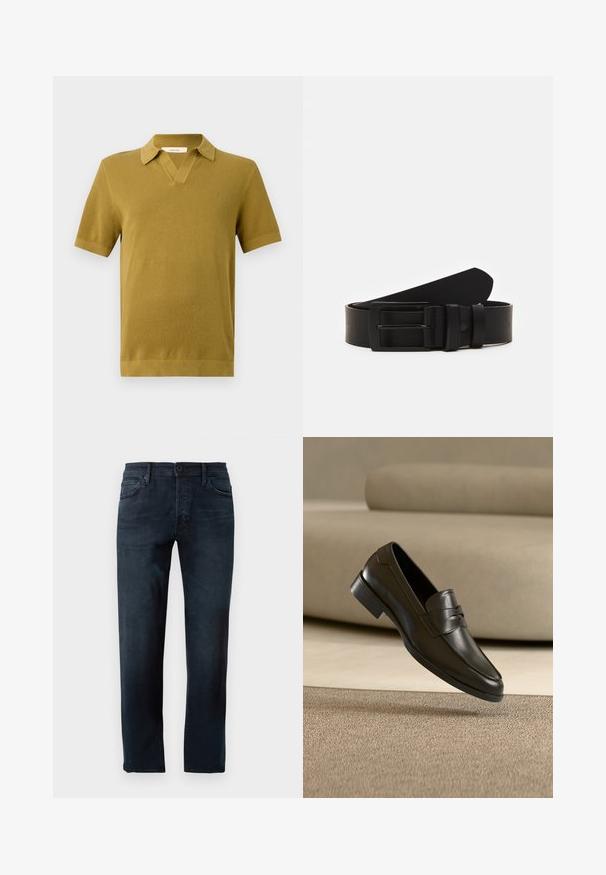 Korte mouwen polo shirt in mosterdgeel, met een textuurbrei, een V-hals kraag en ribgebreide manchetten en zoom.; Donkerblauwe jeans, gemaakt van denim stof, met een rechte pijpdesign, een sluiting met een knop en rits aan de voorkant, en vijf zakken.; Zwarte leren loafer zwevend boven een beige tapijt met een beige bank op de achtergrond, met een klassiek mannenmodel instapontwerp.; Zwarte leren riem gerold met een matte zwarte rechthoekige metalen gesp en twee riemlussen op een witte achtergrond.