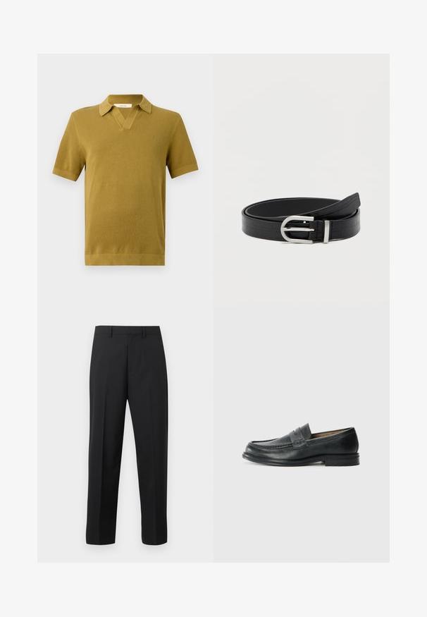 Kortærmet polo-shirt i sennepsgul, med struktureret strik, V-halskrave og ribbede manchetter og nederkant.; Sorte bukser med lige ben, bæltestropper, frontfold og lynlås på hvid baggrund.; Sorte læder loafers med et klassisk design, der har en syet detalje ved tåen og en lav, tekstureret gummisål.; Sort faux læderbælte med krokodillemønster og en sølvfarvet rund spænde, snoet på en ensfarvet hvid baggrund.