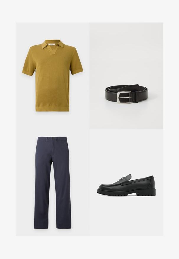 Kortærmet polo-shirt i sennepsgul, med struktureret strik, V-halskrave og ribbede manchetter og nederkant.; Mørkeblå, lige ben-bukser lavet af bomuldsblanding. Har en knaplukning foran, bæltestropper og to sidelommer.; Sorte læder loafers med rund tå, der har et syet design, lav platformssål og en struktureret, skridsikker gummisål.; Sort læderbælte med en glat overflade, der har en rektangulær sølvmetal spænde og et klassisk design.