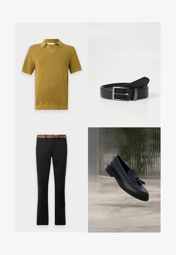 Kurzärmliges Polo-Shirt in Senfgelb, mit strukturiertem Strick, V-Ausschnitt und gerippten Bündchen und Saum.; Schwarze Baumwoll-Chinos mit geradem Bein Design, ausgestattet mit einem braunen Ledergürtel. Glatte Textur, klassische Fronttaschen und Gürtelschlaufen.; Schwarze Leder-Loafer mit glatter Textur, gerundeter Zehenpartie und dekorativen Quasten vorne. Flexible Gummisohle mit niedrigem Absatz.; Schwarzer Ledergürtel mit einer silbernen Metallschnalle, der eine glatte Oberfläche und ein klassisches Design aufweist. Der Gürtel ist ordentlich gefaltet.