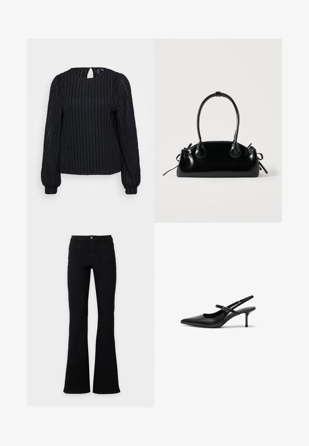 Zwarte geribbelde blouse met lange mouwen en een ronde halslijn, gestructureerde stof, subtiele sleutelgat-detail aan de achterkant en aangesloten manchetten.; Zwarte high-waisted flare jeans met voorzakken, riemlussen en een knoopsluiting, afgebeeld tegen een effen witte achtergrond.; Zwarte leren slingback hakken met een puntige neus, slanke verstelbare band en een ongeveer 5 cm hoge stiletto hak, met een gladde textuur.; Kleine zwarte glanzende handtas met twee lange hengsels en zijkant trekkoord details op een effen lichte achtergrond.