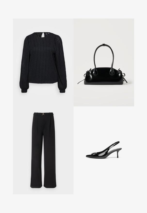 Blusa negra de manga larga con textura, cuello redondo, sutil detalle de abertura en la parte posterior y puños ajustados.; Pantalones de pierna ancha negros, hechos de una tela suave, con cintura alta y un adorno en tono dorado en el cinturón. No se ven bolsillos.; Tacones slingback de charol negro con punta afilada y acabado brillante. Presentan un tacón delgado y un acento redondeado en el empeine.; Pequeño bolso negro brillante con dos asas largas y detalles de cordón lateral sobre un fondo claro liso.