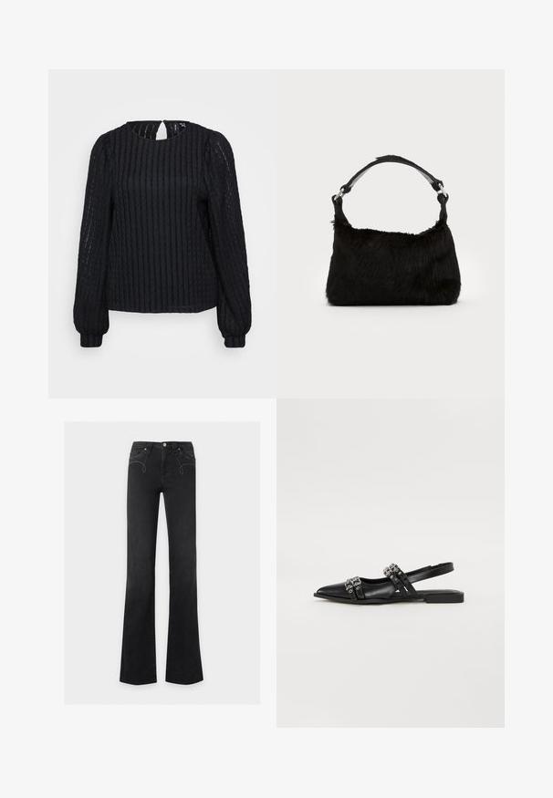 Blusa negra de manga larga con textura, cuello redondo, sutil detalle de abertura en la parte posterior y puños ajustados.; Jeans negros de cintura alta con leve campana, cierre frontal con botón y cremallera, bolsillos delanteros con sutil detalle de costura blanca.; Even&Odd by Zalando Bailarinas con tira trasera - black; Bolso de mano de piel sintética negra con una textura suave, forma redondeada y una resistente correa de cuero negro para el hombro. Acentos de herrajes plateados visibles.