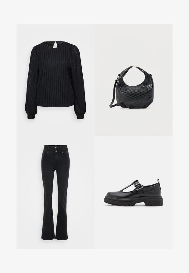 Blusa negra de manga larga con textura, cuello redondo, sutil detalle de abertura en la parte posterior y puños ajustados.; Vaqueros negros acampanados de mezclilla, con cintura alta, dos botones y bolsillos frontales. La tela tiene una textura suave con un ligero estiramiento.; Zapato de imitación cuero negro con textura de cocodrilo, puntera redondeada, correa en el tobillo con hebilla metálica y suela de goma gruesa.; Bolso de mano de cuero negro trenzado con asa corta y correa de hombro desmontable, exhibido sobre un fondo claro y liso.