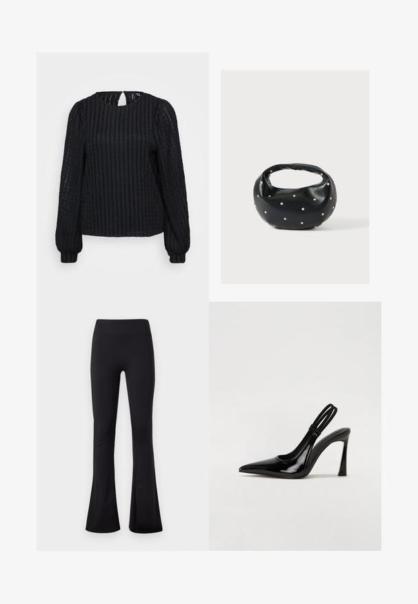 Zwarte geribbelde blouse met lange mouwen en een ronde halslijn, gestructureerde stof, subtiele sleutelgat-detail aan de achterkant en aangesloten manchetten.; Zwarte leggings met hoge taille en wijd uitlopende pijpen, gemaakt van glad, rekbaar materiaal, afgebeeld op een effen witte achtergrond.; Zwarte gepatineerde leren slingback pump met puntige neus, slanke hoge hak en dubbele elastische band voor een veilige pasvorm. Gladde, glanzende oppervlakte.; Zwarte leren handtas met een afgeronde vorm, versierd met zilveren studs, en een korte handgreep. Gladde textuur en ritsluiting.