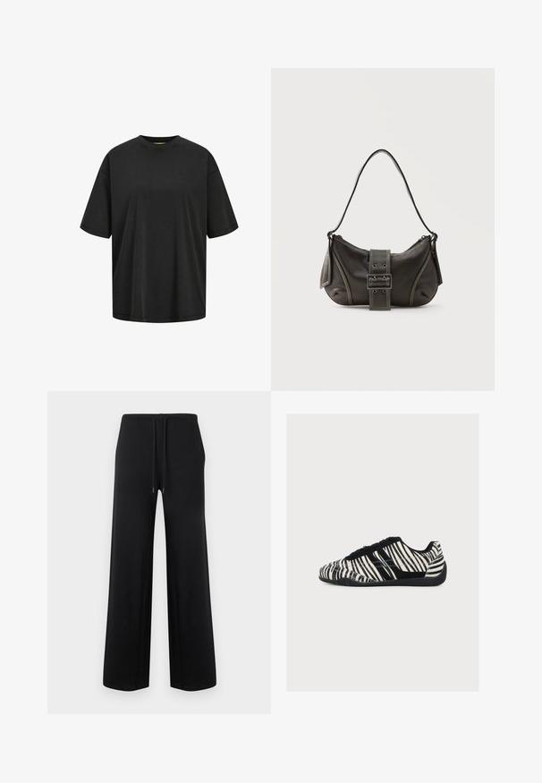 Sort oversized T-shirt lavet af bomuld, med rund halsudskæring og korte ærmer. Glat tekstur med minimale syninger.; Sorte bukser med vide ben, elastisk talje og justerbar snor, vist fladt på en ensfarvet lys baggrund.; Lavprofil sneakers med sorte og hvide zebrastriber, sorte snørebånd og tekstureret sort sål, vist fra siden på en hvid baggrund.; Sort læder skuldertaske med spænde på remmen, afrundede kanter og kontrasterende hvide syninger på en ensfarvet baggrund.