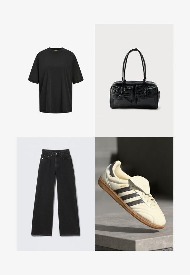 Sort oversized T-shirt lavet af bomuld, med rund halsudskæring og korte ærmer. Glat tekstur med minimale syninger.; Sorte højttaljede bredbenede jeans med knap- og lynlåslukning foran, bæltestropper og fem forlommer på en lys baggrund.; Cremefarvede lædersneakers med tre mørke striber, en brun gummisål og en afrundet tå. Har en foldbar tunge mærket "SAMBA."; Sort læderhåndtaske med to frontlommer og sløjfedetaljer, med solide håndtag og en struktureret rektangulær form.