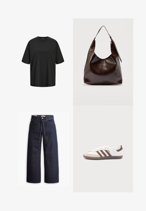 Sort oversized T-shirt lavet af bomuld, med rund halsudskæring og korte ærmer. Glat tekstur med minimale syninger.; Bredde ben mørkeblå denim jeans med høj talje, der har snoretræk, fem lommer og kontrastsyet detaljer.; Hvid Adidas Samba sneaker med brune ruskindstriber, brun gummisål og beige ruskindståhætte, vist fra ydersiden på en ensfarvet baggrund.; Mørkebrunt, skinnende læder skuldertaske med en enkelt bred rem og spændedetalje på den ene side, sat mod en ensartet lys baggrund.