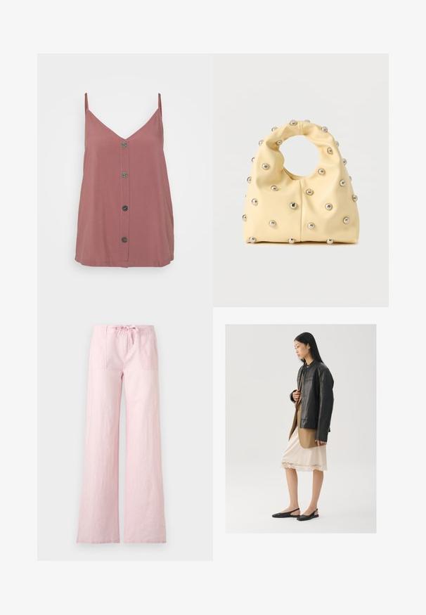 Camisole rose, avec un décolleté en V, des fines bretelles et une fermeture à boutons sur le devant avec cinq boutons ronds sombres. Texture lisse.; Pantalon large rose clair avec poches plaquées devant, fermeture par boutons et cordon à la taille, présenté sur fond blanc.; Veste en cuir noir portée sur un haut marron, associée à une robe légère crème à bretelles avec bordure en dentelle et des chaussures slingback noires.; Sac à main jaune pâle avec poignée circulaire, décoré de petits clous en métal argenté uniformément espacés sur une surface lisse.