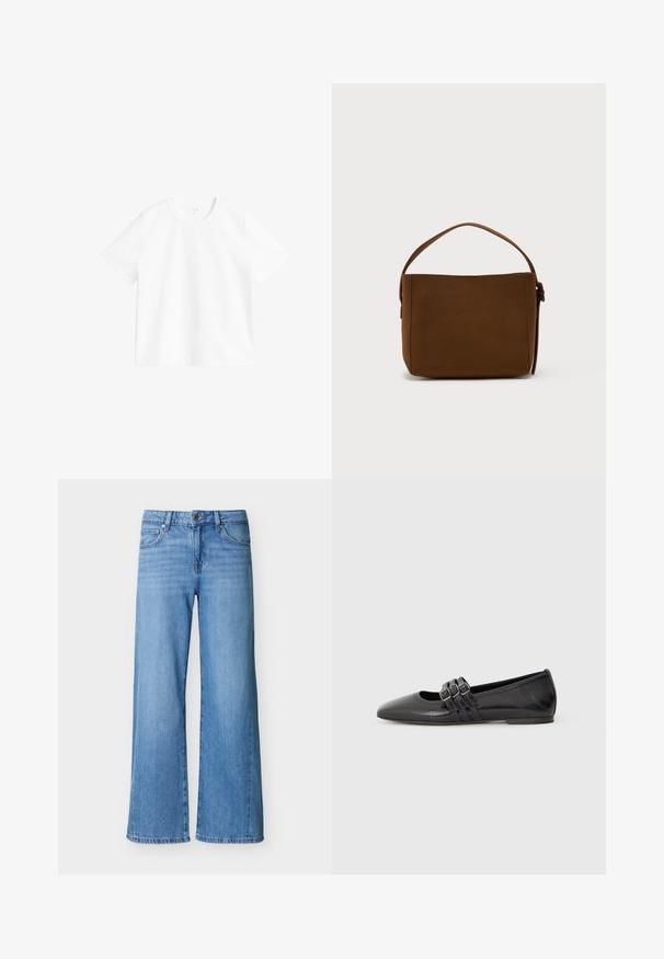 T-shirt blanc uni à manches courtes et col rond exposé sur un fond blanc, montrant la vue de face et des détails de couture minimaux.; Jean denim bleu clair avec coupe à jambes larges, fermeture à boutons et fermeture éclair à l'avant, avec poches avant et arrière.; Chaussure plate noire à bout pointu, fabriquée en cuir lisse. Présente trois brides décoratives avec boucles sur le cou-de-pied.; Sac à épaule rectangulaire marron avec une large bandoulière et un détail de boucle, sur un fond blanc uni.