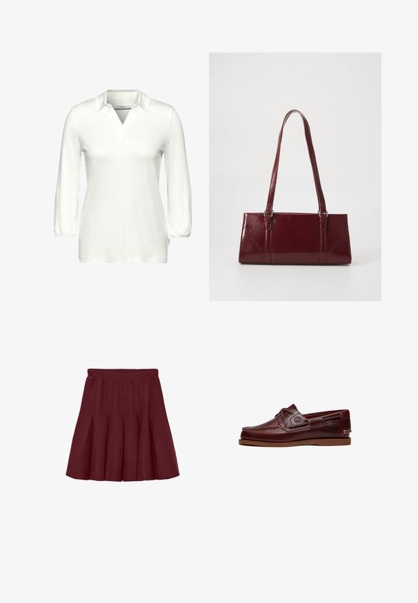 Langærmet hvid polo-shirt lavet af blødt stof, med V-hals og en stolpe. Samlede manchetter og et mærke på siden.; Bordeaux pleated nederdel med en bred elastisk talje, lavet af et blødt stof, som har en glat tekstur og et svævende design.; Brun læder bådsko med snørre, syningsdetaljer og Timberland-logo på siden, vist på en hvid baggrund.; Bordeaux håndtaske lavet af glansfuldt materiale, rektangulær form, med to skulderremme og subtile buede detaljer på forsiden.