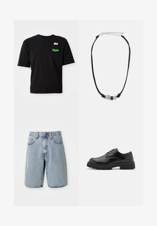 Schwarzes Baumwoll-T-Shirt mit kurzen Ärmeln, ausgestattet mit einer Tasche, die eine Katzengrafik und grünen "PUMA"-Text zeigt. Lässiger Schnitt und glatte Textur.; Helle blaue Denim-Shorts mit hoher Taille, geradem Schnitt, ausgefranstem Saum, fünf Taschen und Knopfverschluss. Sichtbare, abgenutzte Textur.; Schwarze Lederschuhe mit runder Zehenform, Schnürdesign und einer dicken, strukturierten Gummisohle. Sie verfügen über eine Naht entlang des Randes und haben eine glatte Oberfläche.; Schwarzes Schnur-Halsband mit drei dekorativen Metallperlen, darunter zwei silberne, strukturierte Ringe und eine schwarze zylindrische Perle, mit einer verstellbaren Kette.