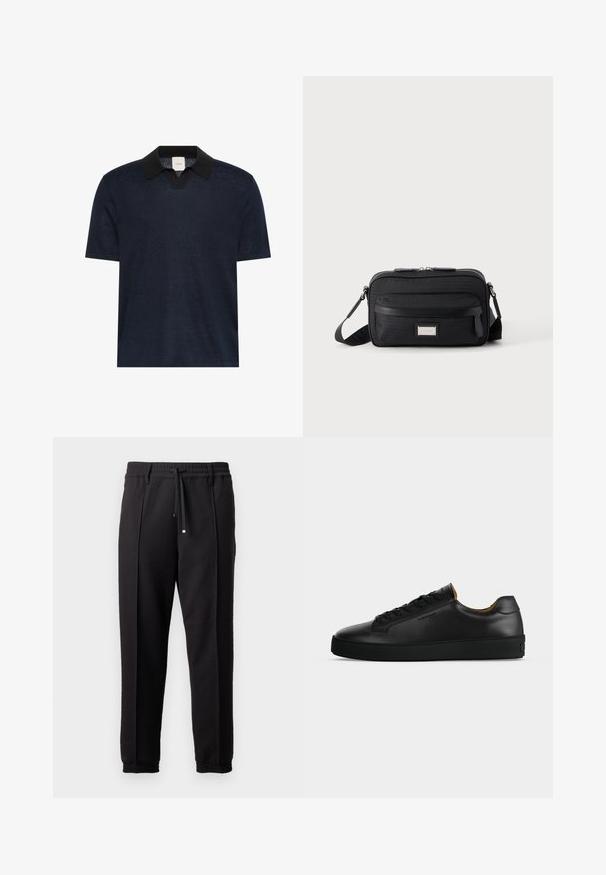Polo bleu marine à manches courtes avec un col noir et une encolure en V.; Pantalons noirs avec une taille élastique, cordon de serrage et poignets élastiques. Présente des plis et un tissu lisse et texturé.; Basket basse en cuir noir avec lacets noirs, semelle en caoutchouc texturée et petit logo embossé sur le côté, présenté de profil sur fond gris.; Sac bandoulière rectangulaire noir avec poche avant zippée, sangle réglable et plaque logo rectangulaire argentée sur fond uni.
