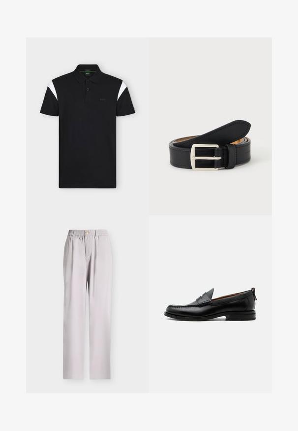 Polo noir à manches courtes avec col, deux boutons, accents blancs aux épaules et logo "BOSS" sur la poitrine gauche.; Pantalon gris clair à jambes droites, taille élastique, fermeture bouton et plis sur le devant, présenté sur un fond uni.; Mocassin homme en cuir noir avec couture moc toe, bride penny, col texturé et petit talon empilé sur fond blanc.; Ceinture en cuir noir roulée avec une boucle en métal argenté rectangulaire visible sur un fond clair uni.