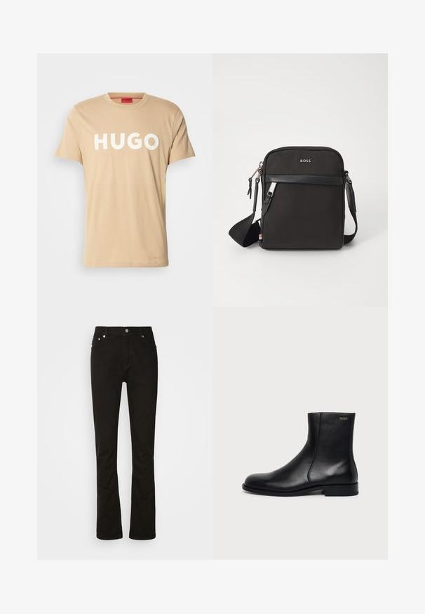 Beige katoenen T-shirt met een ronde hals, korte mouwen en een prominent wit "HUGO" logo aan de voorkant. Soepele textuur, casual ontwerp.; Zwarte denim jeans met een recht model, voorzien van voorzakken, een rits en zilveren hardware accenten. Soepele textuur, zonder patronen.; Zwarte leren enkellaars met lage hak, zijstiksels en klein "HUGO" logo op de bovenste boord tegen een effen achtergrond.; Zwarte schoudertas van textuurstof, met logo aan de voorkant, ritssluiting en verstelbare schouderband. Voorzien van een gladde leren rand.