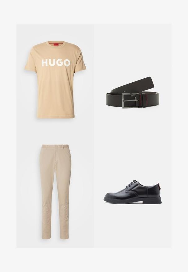 Camiseta de algodón beige con cuello redondo, mangas cortas y un prominente logo blanco "HUGO" en el frente. Textura suave, diseño casual.; Pantalones de algodón beige con un diseño de pierna recta, que cuentan con una cremallera, bolsillos laterales y detalles de costura sutiles. Textura suave.; Zapatos de piel negra con cordones, textura lisa, puntera redondeada y detalles sutiles de costura. Cuentan con una lengüeta roja en el talón.; Cinturón de cuero negro con una hebilla rectangular de plata, con costuras rojas y una textura suave. Longitud ajustable con múltiples agujeros.